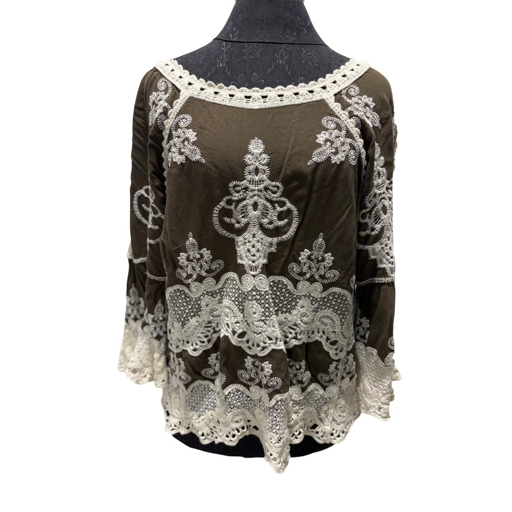 Democracy Olive Brown Boho Lace Embroidered Split Bell Sleeve Peasant Top M
